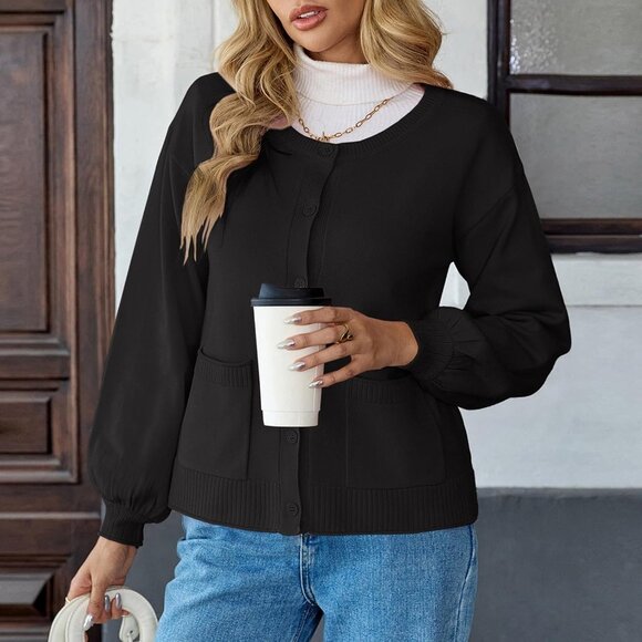 Women's Long Sleeve Knit Cardigan Sweater Button Ribbed Casual Fall Top - Picture 4 of 7